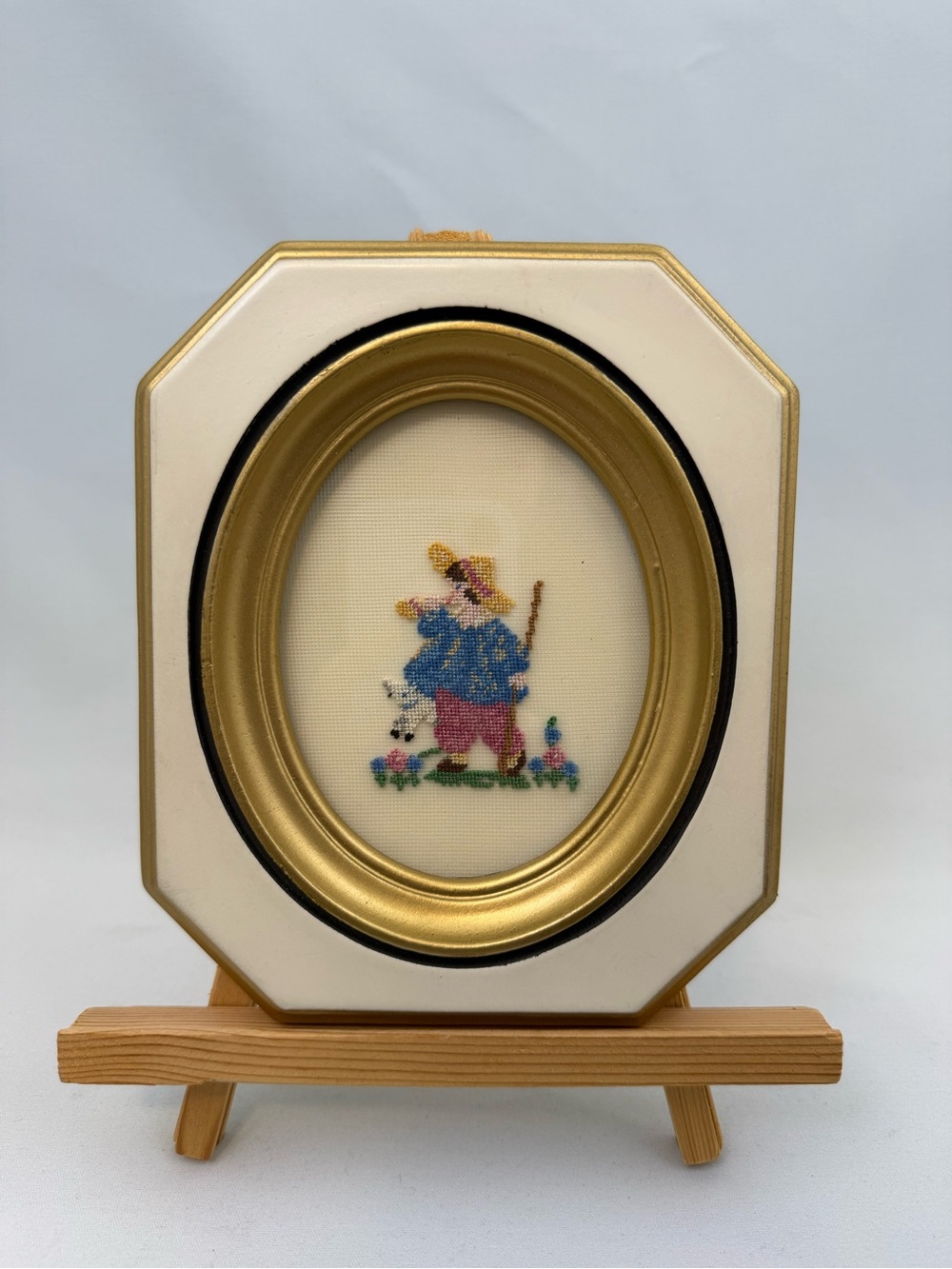Vintage Framed Cross Stitch Shepherd Boy Lamb Mini Wall Art